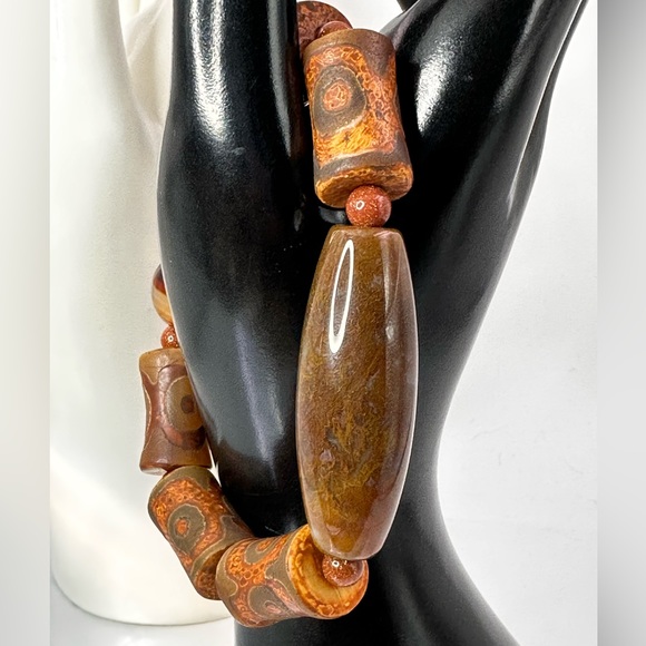 OCEAN JASPER + 3 EYE TIBETAN AGATE NATURAL STONES BRACELET size 7” - Picture 5 of 14